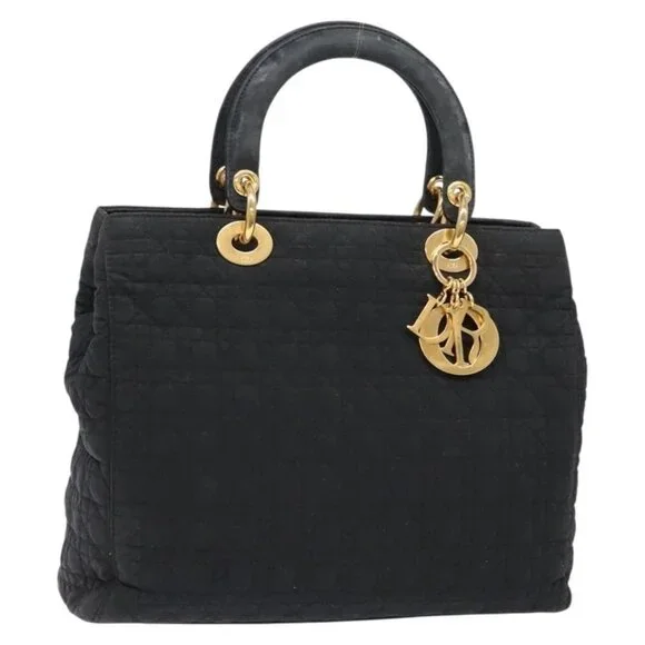 Christian Dior Lady Dior Canage Hand Bag Nylon Black Gold Auth ep10577